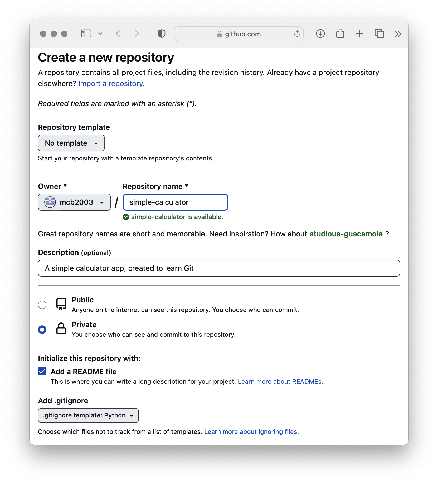 Screenshot of the Github form for creating a new repository